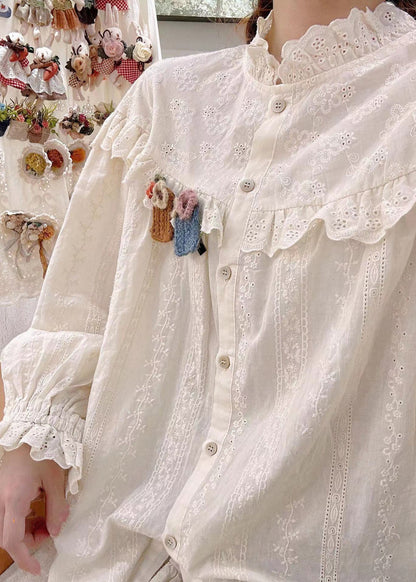 Beige Embroidered Hollow Out Cotton Blouse Spring