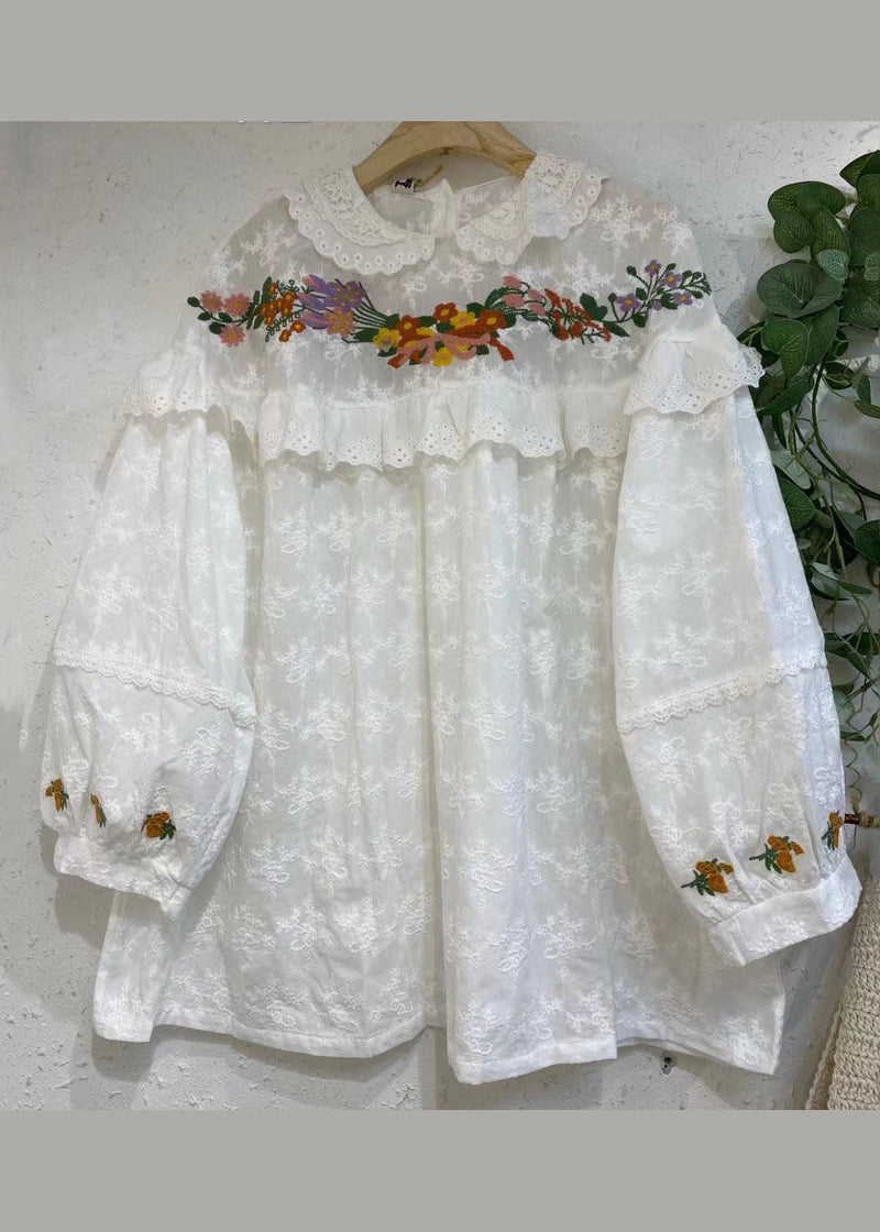 Beige Embroideried Ruffled Patchwork Cotton Shirt Long Sleeve
