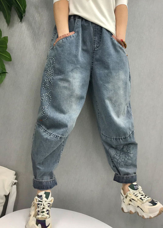 Natural Blue Embroideried Patchwork Denim Pants Spring