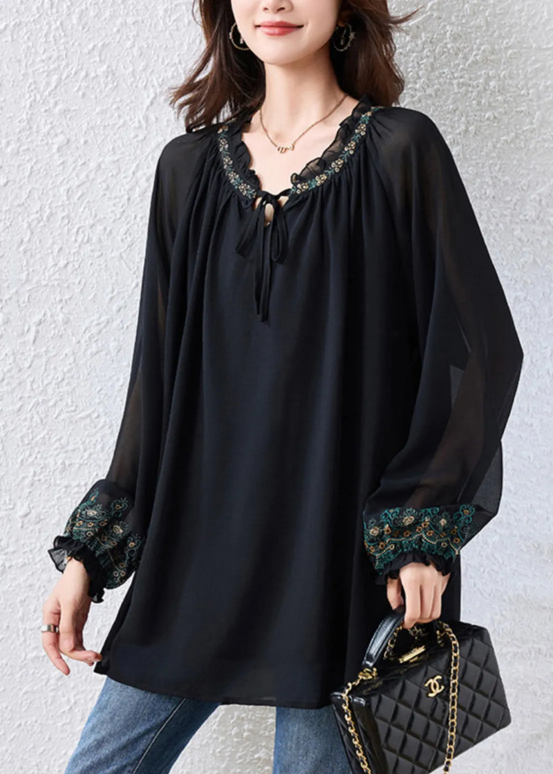 Boutique Black Embroidered Tie Neck Chiffon Blouse Tops Fall