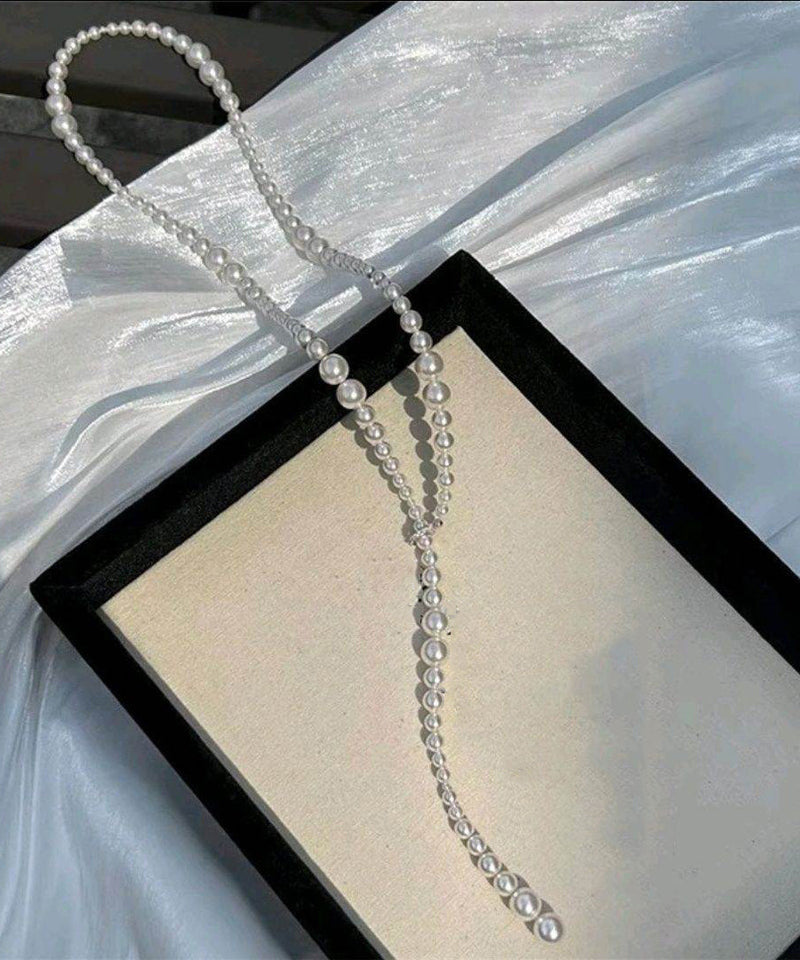 White Alloy Pearl Beading Sweater Gratuated Bead Necklace