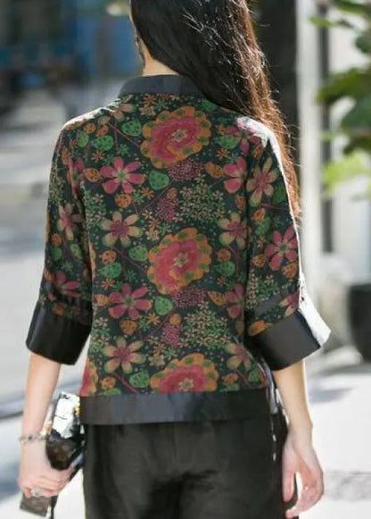 Modern Black Stand Collar Button Print Patchwork Silk Tops Spring