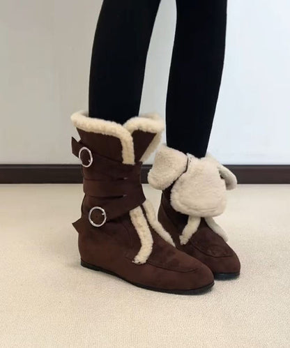 Splicing Boots Coffee Suede Fuzzy Wool Lined