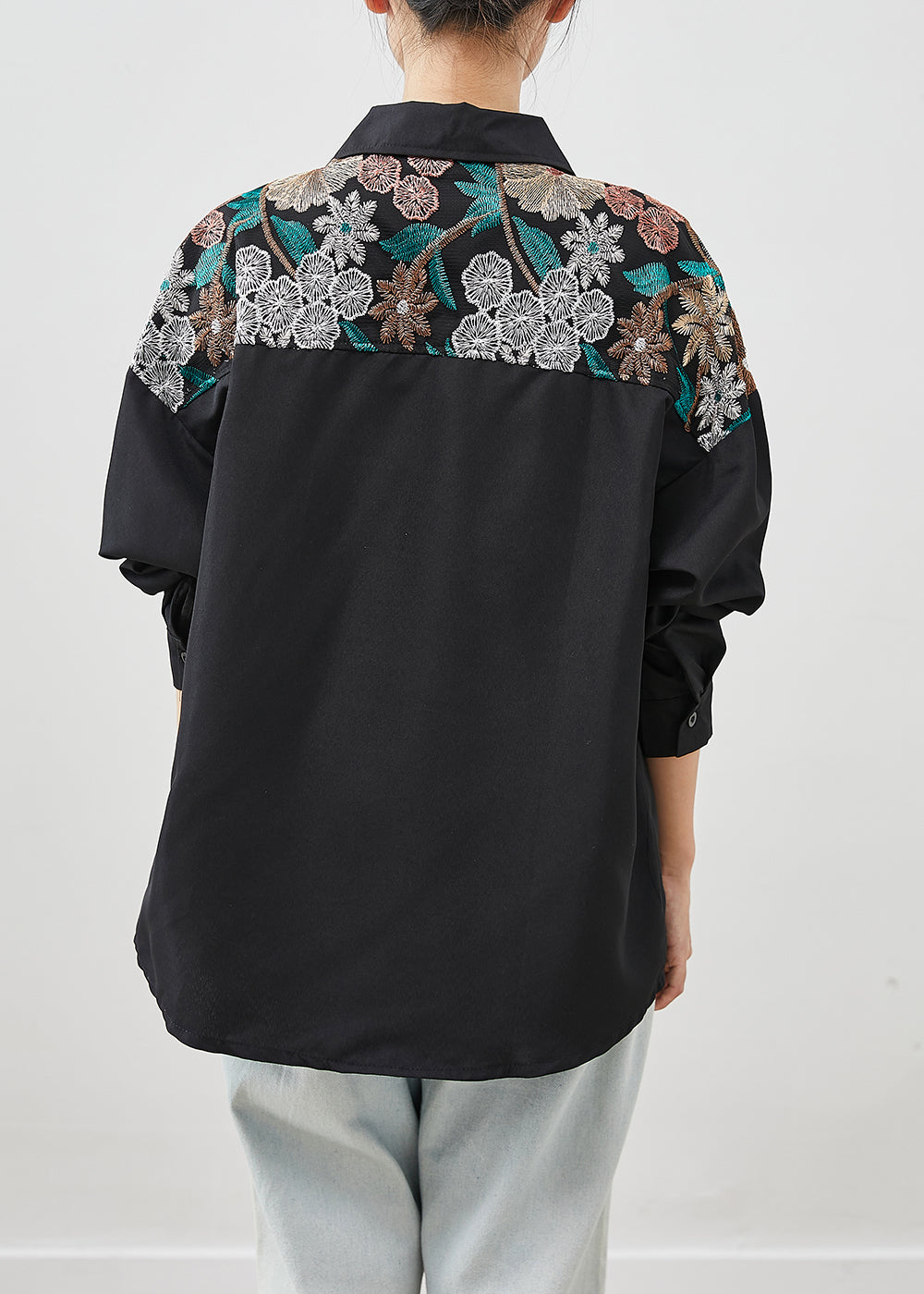Black Embroideried Patchwork Cotton Shirt Top Fall