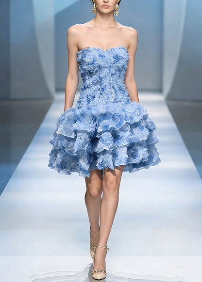 Classy Blue Cold Shoulder Tulle Mid Dress Summer