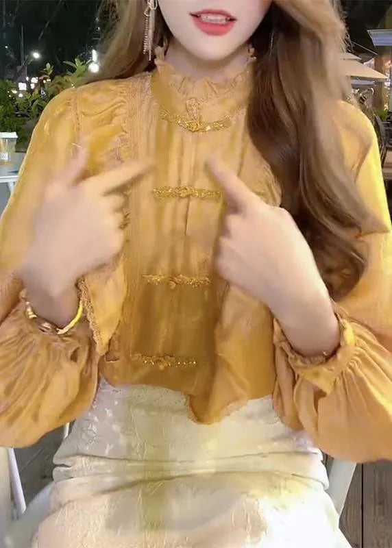 Organic Yellow Stand Collar Button Ruffled Tops Lantern Sleeve