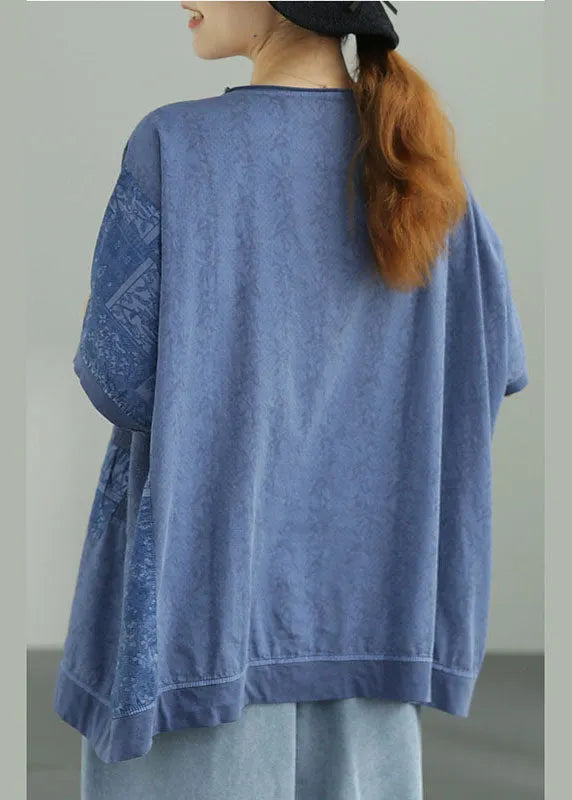 Natural Blue Loose O-neck Print Fall Tee Half Sleeve