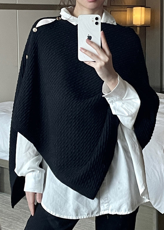 Black Button Hollow Out Knit Cape Coats Spring