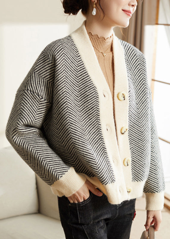 Striped V Neck Button Patchwork Knit Coats Fall