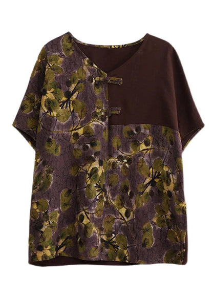 Chocolate V Neck Patchwork Print Oriental Button Cotton Tops Short Sleeve