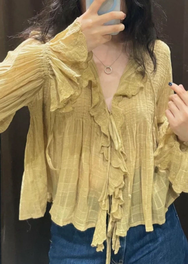 Diy Yellow V Neck Tie Lace Shirt Fall