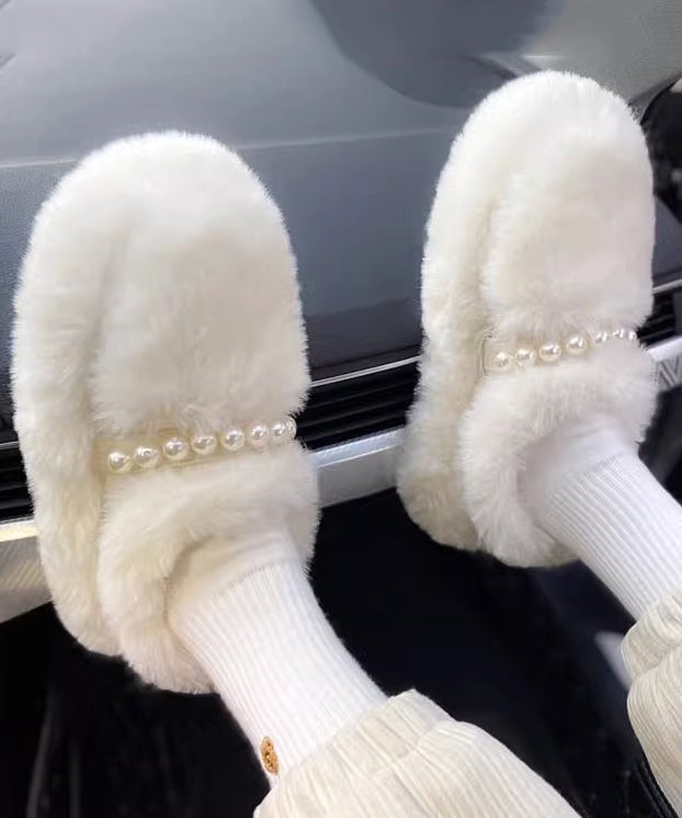 Beige Fuzzy Fur Platform Penny Loafers Splicing Nail Bead