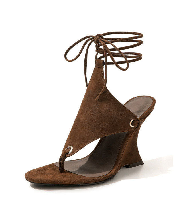 Brown Lace Up Splicing Suede Flip Flops Wedge Sandals