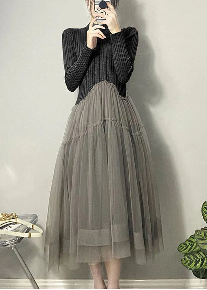 Black Asymmetrical Tulle Patchwork Long Dresses Fall