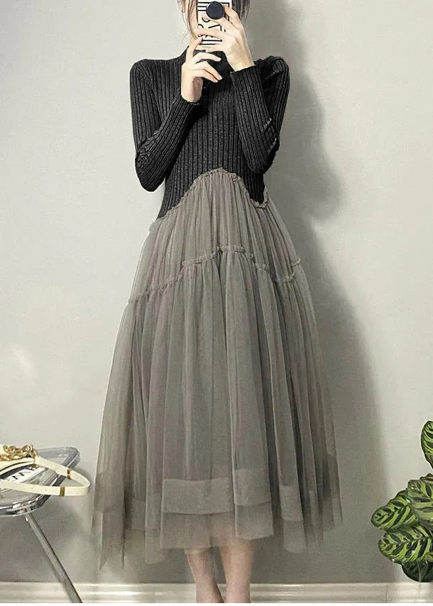 Black Asymmetrical Tulle Patchwork Long Dresses Fall