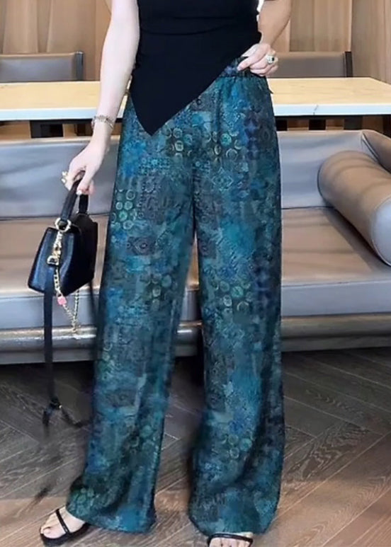 Blue Print Elastic Waist Cotton Pants Fall