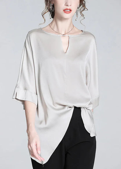 Loose Grey Asymmetrical Hollow Out Silk Tops Half Sleeve