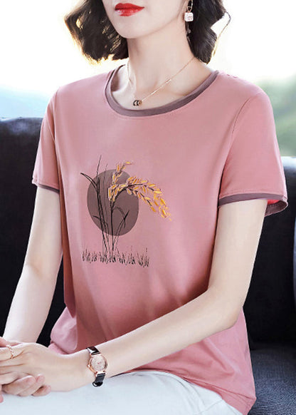 French Pink O-neck Embroideried Patchwork Tanks Short Sleeve