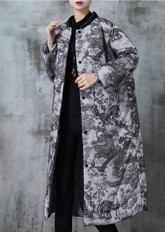 Grey Print Pockets Fine Cotton Filled Coats Winter