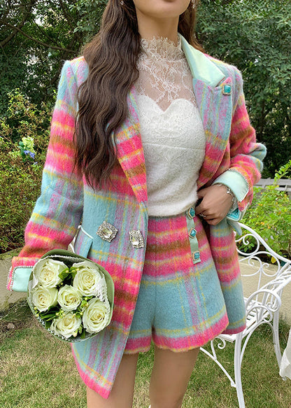 Rose Notched Plaid Button Woolen Coats and Skirts Two Pieces Set Winter