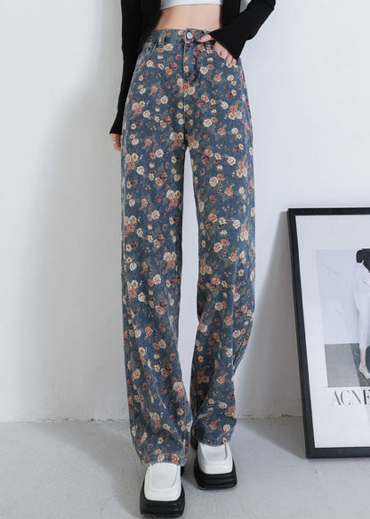 Navy Oversized Print Warm Fleece Denim Straight Pants Spring