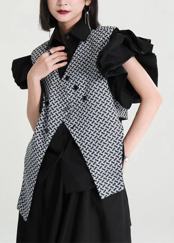 Unique Black Asymmetrical Design Plaid Spandex Vest Top Sleeveless