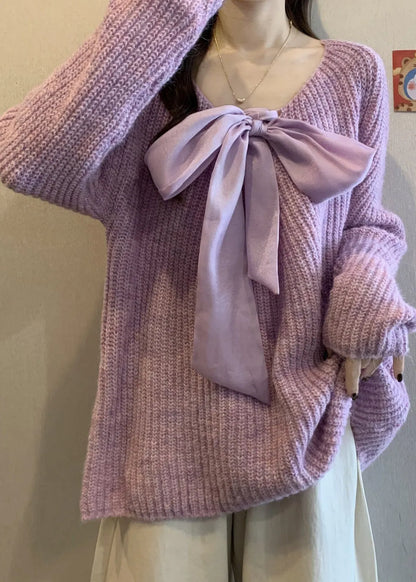 Lavender Oversized Bow Knit Cozy Sweaters Winter