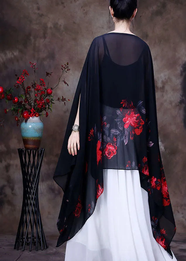 Handmade Blue Print Asymmetrical Design Chiffon Top for Batwing Sleeve