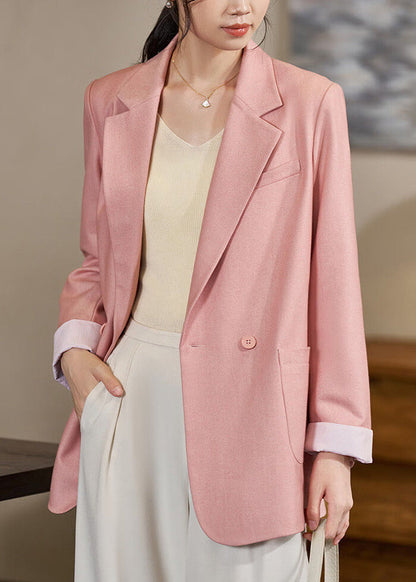Stylish Pink Notched Double Breast Pockets Spandex Coats Fall