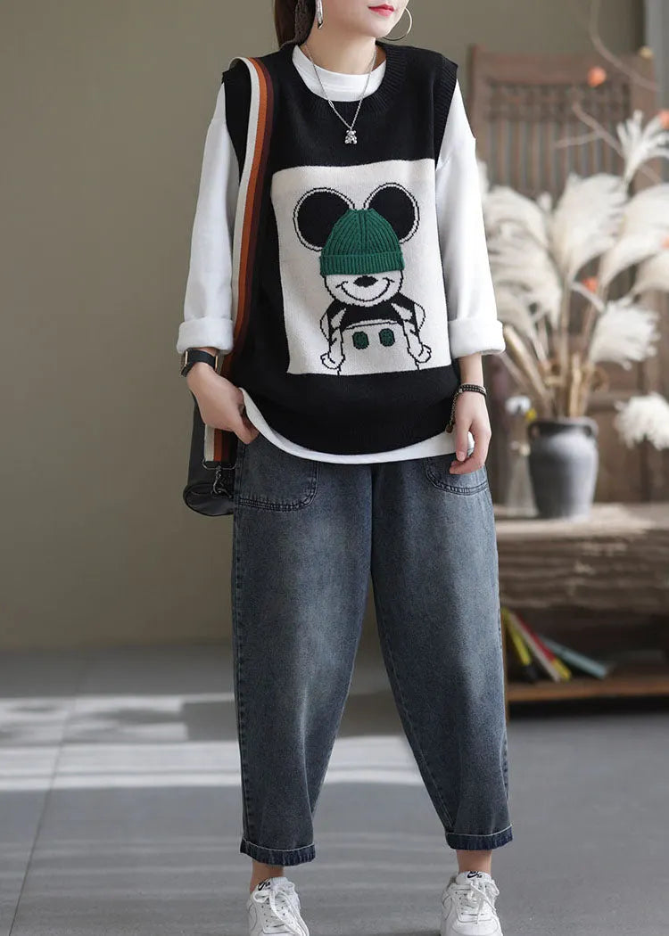 Black O-neck Animal Knit Vest Sleeveless