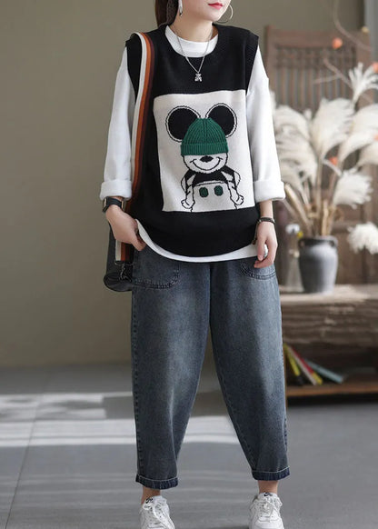 Black O-neck Animal Knit Vest Sleeveless
