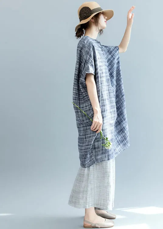 Classy Black Plaid Loose Bat Wing Sleeve Linen Top