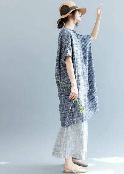 Classy Black Plaid Loose Bat Wing Sleeve Linen Top