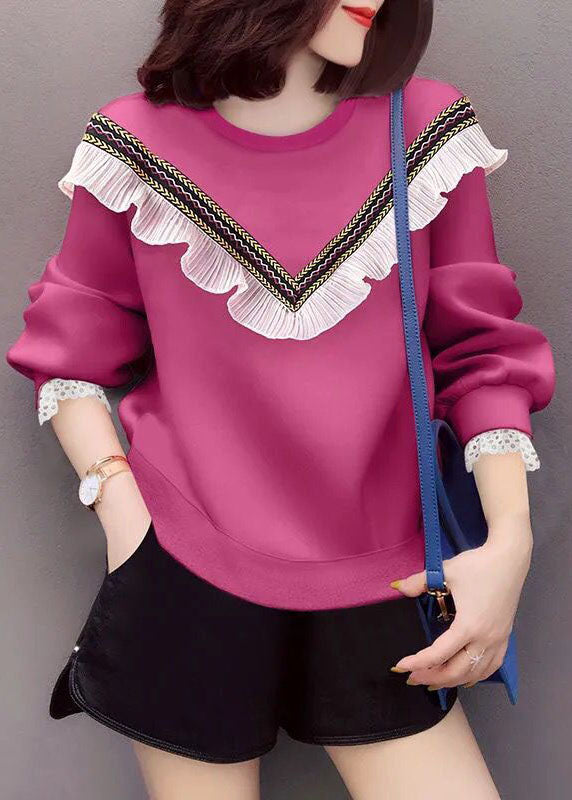 Style Rose O-neck Ruffled Fall Loose Sweatshirts Top