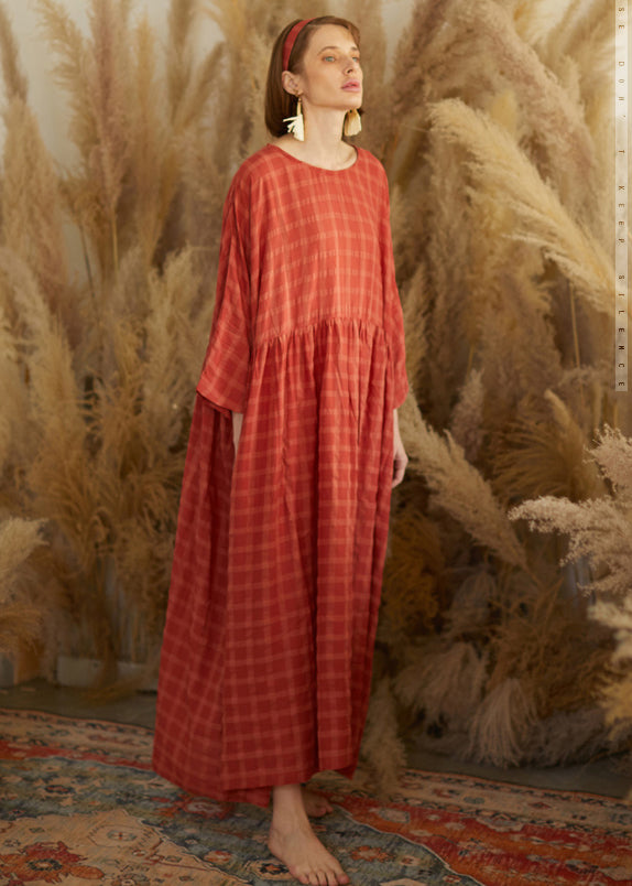 Orange O Neck Plaid Wrinkled Patchwork Cotton Maxi Dresses Fall