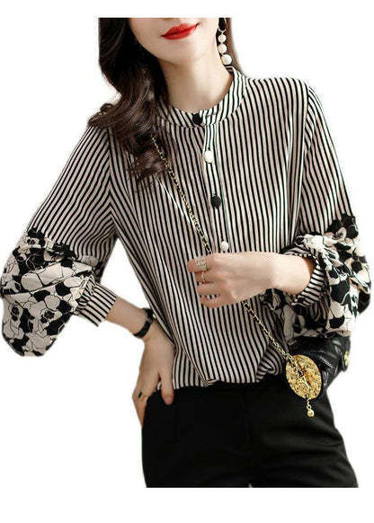 Handmade Black Striped Stand Collar Patchwork Print Chiffon Shirt Long Sleeve Fall