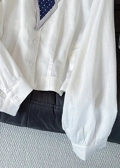 Stylish White Bow Button Cotton Blouses Fall