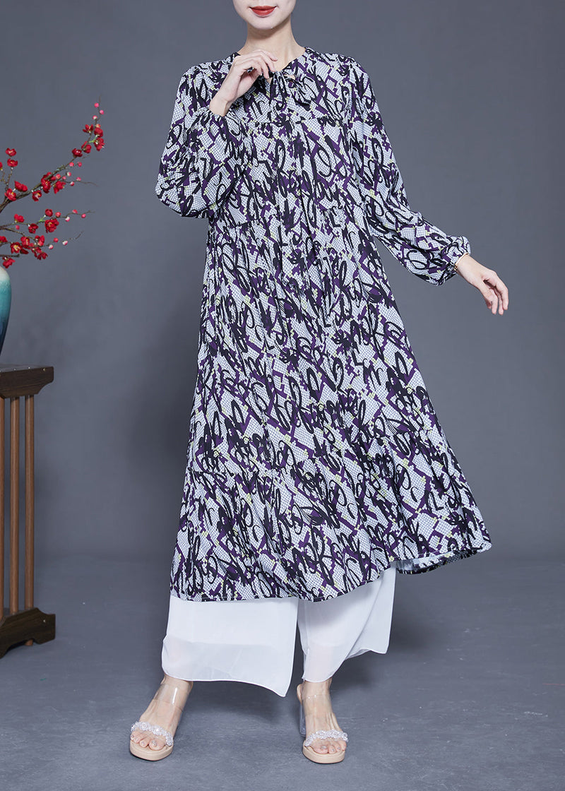 Lace Up Patchwork Print Silk a Line Dress Spring