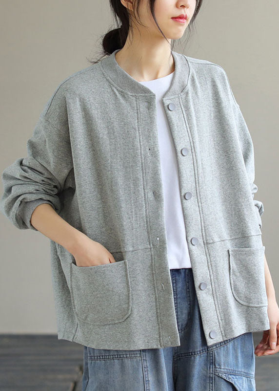 Brief Grey O-neck Button Cotton Coat Long Sleeve