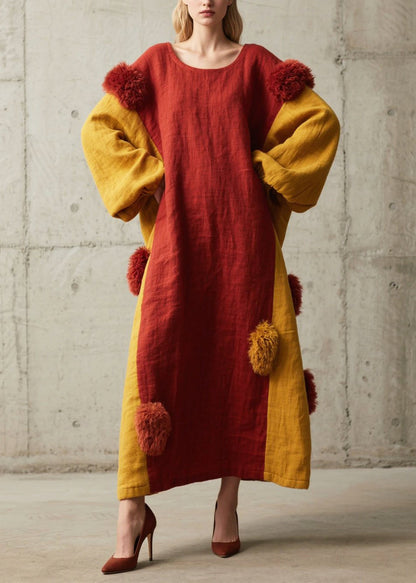 Red Patchwork Cotton Maxi Dress Oversized Fuzzy Ball Decorated Fall