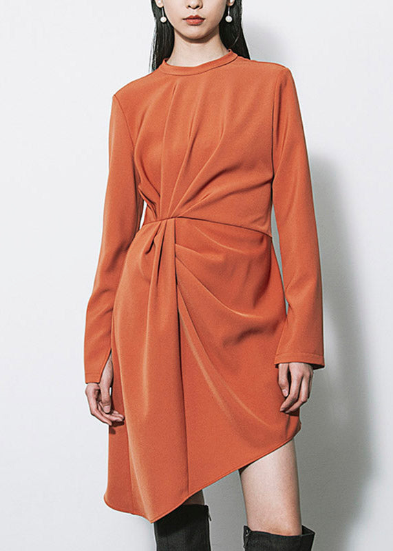 French Brown O-neck Wrinkled Asymmetrical Patchwork Mid Dress Fall