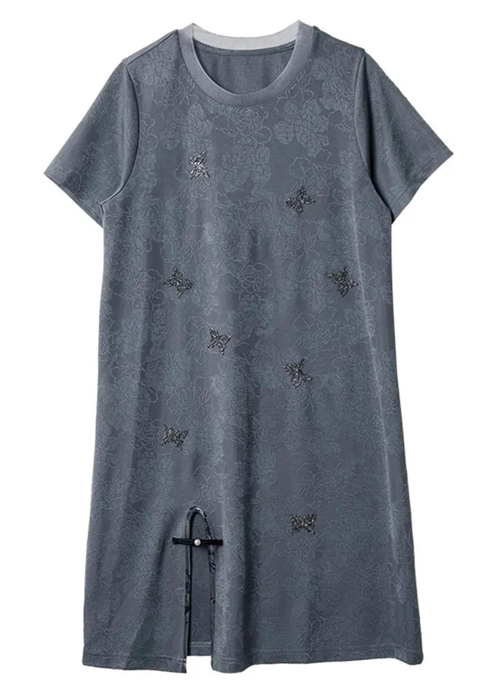 Grey O Neck Zircon Jacquard Side Open Silk Dresses Summer