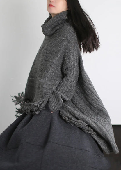 French Grey Turtle Neck Low High Design Knitted Tops Winter
