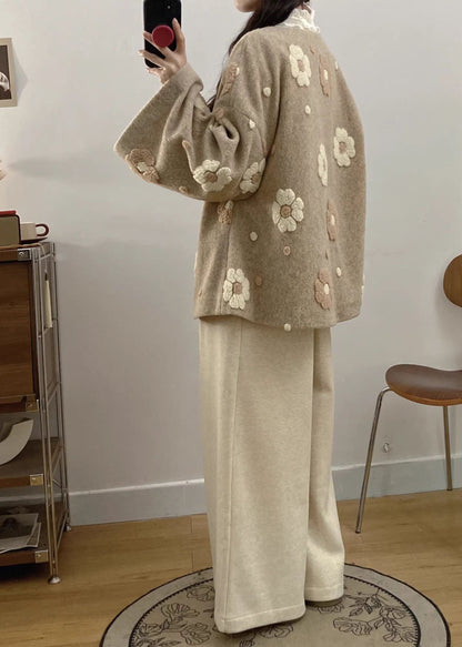 Apricot Chinese Button Coat and Wide Leg Pants Woolen Two Pieces Set Fall
