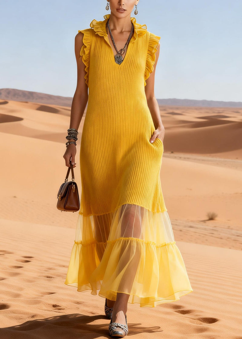 Yellow Ruffled Tulle Patchwork Knit Long Sweater Dress Sleeveless Spring