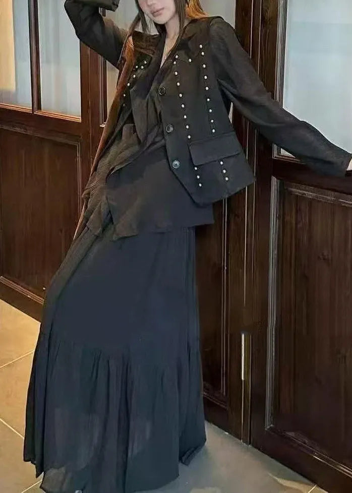 Autumn New Coffee Ruffled Top Skirt Rivet Vest Three Piece Set