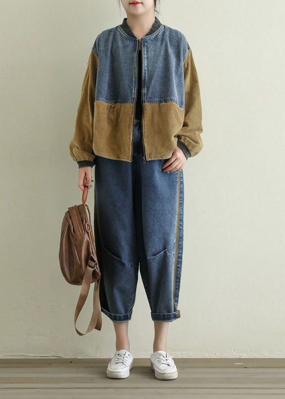 Khaki Zip Up Corduroy Patchwork Denim Coat Long Sleeve