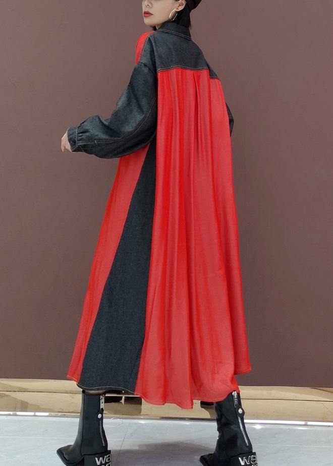 Handmade Lapel Patchwork Spring Long Dress Photography Red Kaftan Dress