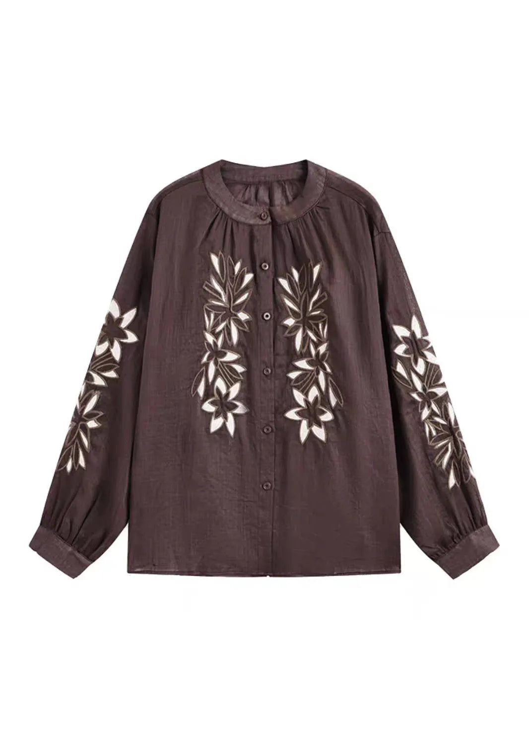 Coffee O-neck Button Embroidered Ramie Shirt Spring