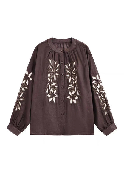 Coffee O-neck Button Embroidered Ramie Shirt Spring